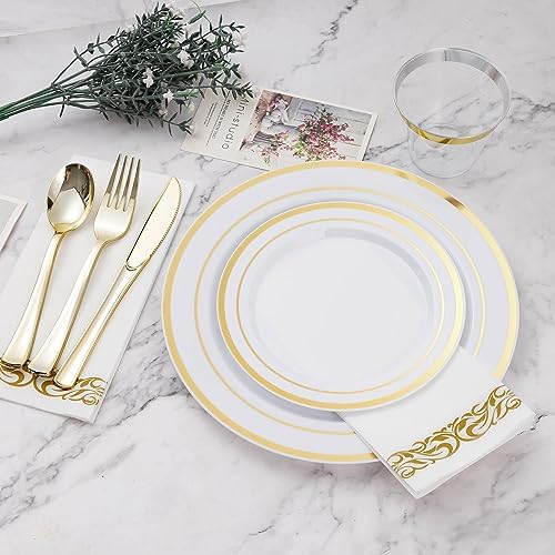 BESTVIP 700 PCS Disposable White and Gold Plastic Plates for 100 Guests - Image 2