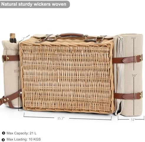 Multifunctional Wicker Picnic Basket Set for 4 with Blanket and Picnic Table, Insulated Picnic Set with Full Tablewares for Camping Outdoor Couples,Natural - Image 3