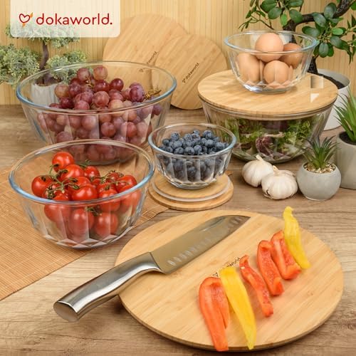 Large Stackable Glass Mixing Bowls with Bamboo Lids Set of 5 - Image 2