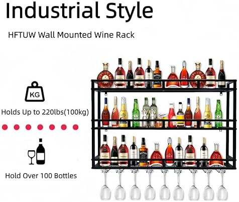 71 Inch Metal Wine Rack Wall Mounted, Bar Shelves for Liquor Bottles with LED Light, 3 Tier Large Capacity Liquor Rack Wall Mounted with Glass Holder for Home Bar & Dining Room, Gold - Image 4