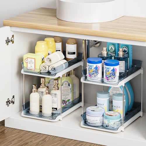 Delamu 2-Tier Multi-Purpose Bathroom Under Sink Organizers and Storage, Stackable Kitchen Pantry Organization, Pull Out Medicine Cabinet Organizer with Movable Dividers, Blue, 2 Pack by DELAMU