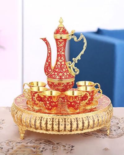 Turkish Tea Set Vintage Coffee Pot with Shiny Crystal Tray and 6 Cups for Home Party Table Decor Red - Image 6