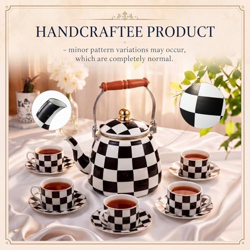 9 Pcs Checkered Teapot Set with Wooden Handle, Black and White Vintage - Image 5