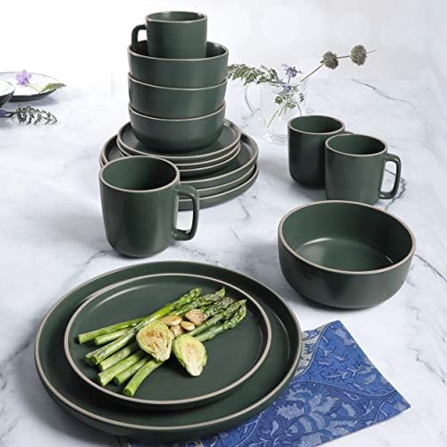 Gibson Home Zuma 16 Piece Round Kitchen Dinnerware Set, Dishes, Plates, Bowls, Mugs, Service for 4, Matte Stoneware, Green - Image 5