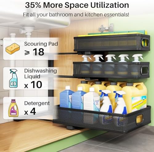Kitstorack Under Sink Organizer, 2-Pack 3-Tier Height Adjustable Thickened Metal Pull out Cabinet Organizer Shelf, Slide out Storage Drawer Rack for Bathroom Kitchen Pantry Home Laundry Organization - Image 5