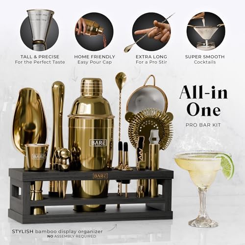BARE BARREL® Mixology Bartender Kit Bar Set | 16-Piece Cocktail Shaker Set | Martini Barware Mixing Tools for Home Bartending | Incl. 35 Recipe Cards | Gift Set (24oz Cobbler Shaker, Gold/Black) - Image 2