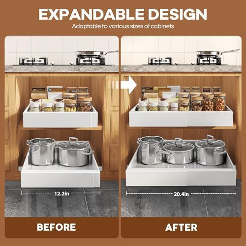 Seinloes 1 Pack Expandable Pull Out Cabinet Organizer 21" Deep with Raising Pad for Framed Cabinets,Upgrade 3 Slide Rails Slide Out Drawers,Roll Out Shelves Adhesive,Adjustable Width 12.05"-20.4"White - Image 3
