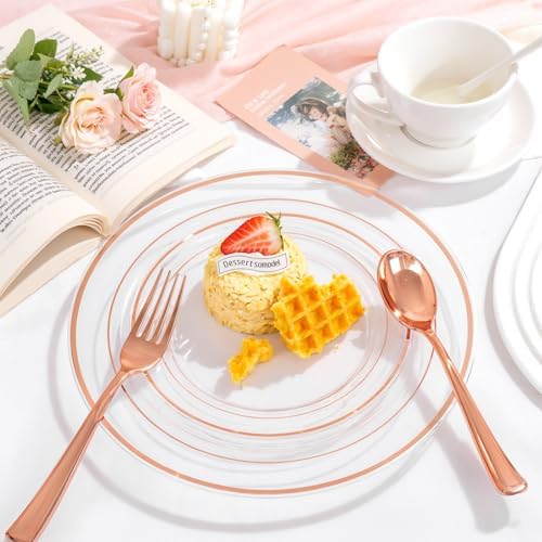 bUCLA 150PCS Clear Rose Gold Disposable Dinnerware set - Rose Gold Plastic Plates Include 25 Dinner / 25 Dessert Plates, 25 Knives, 25 Forks, 25 Spoons, 25 Cups for Party & Wedding - Image 7