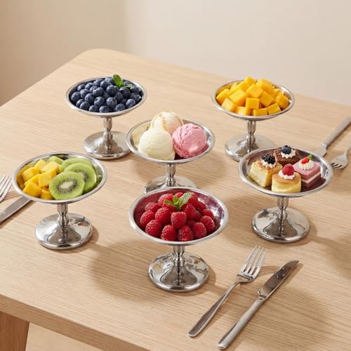 6 Pcs Mini Stainless Steel Ice Cream Bowls Vintage Silver Serving Pudding Dessert Cup Sauce Bowls Metal Round Footed Yogurt Snack Candy Cups for Mousse Fruit Salad Cake Wedding Party Favor - Image 6
