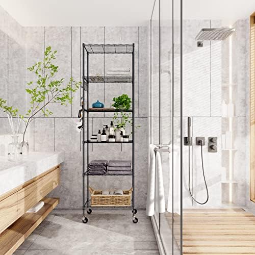 Homdox 6-Tier Storage Shelf Wire Shelving Unit Free Standing Rack Organization with Caster Wheels, Stainless Side Hooks, Black - Image 5