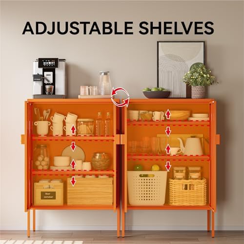 COFaR Orange Metal Storage Cabinet, 47”H Vibrant Coffee Bar & Buffet Sideboard with Adjustable Shelves, Fun Kitchen Organizer, Ventilated Steel Cabinet with Magnetic Doors for Dining Room, Office - Image 5