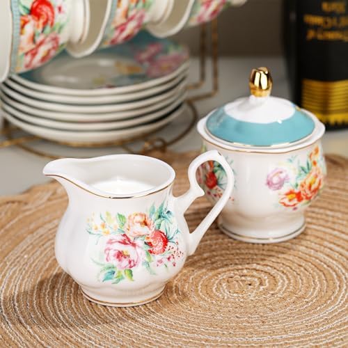 fanquare 21 Piece Vintage Green Floral Porcelain Tea Set for Adults - Image 3