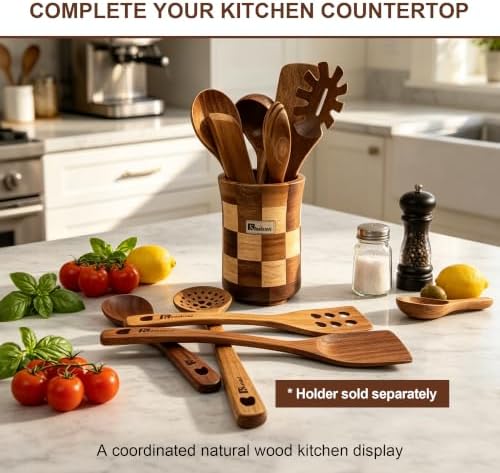 Acacia Wood Utensil Set,10 Piece, Heart Series Wooden Cooking Tools with Long Handle Wok Spatula, Serving Spoon, Slotted Spoon, Frying Spatula, Soup Spoon and Kitchen Utensils Gift Set - Image 3