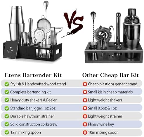 ETENS Cocktail Shaker Set Drink Mixer Bar Accessories – 15Pcs Mixology Bartender Kit Includes Boston Shaker, Japanese Jigger, Strainer, Bottle Opener, Cocktail Mixing Spoon – Handcrafted Wood Stand - Image 5