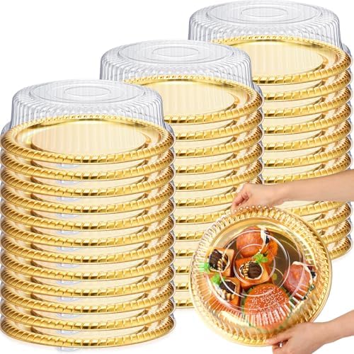 Nitial 36 Pcs Plastic Serving Trays with Lids, Round, Gold, 12 Inches by Nitial