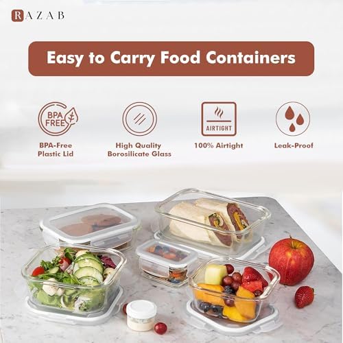 Razab 35 Pc Set Glass Food Storage Containers with Lids - Meal Prep Airtight Bento Boxes BPA-Free 100% Leak Proof (15 lids,15 glass & 5 Plastic Sauce/Dip Containers) - Image 7