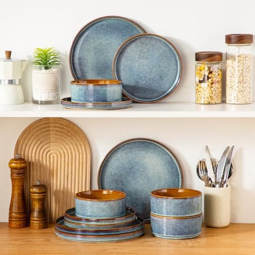 vancasso ONION Ceramic Plates and Bowls Sets for 4, 12 Pieces Stoneware Dinnerware Sets, Reactive Glaze Dishes Set for Kitchen, Dishwasher and Microwave Safe, Blue - Image 5