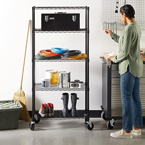 Amazon Basics 5-Shelf Heavy Duty Garage Shelving Storage Rack with 4" Wheel Casters, Adjustable Metal Wire Organizer, 300 lbs Per Shelf, 30" x 14" x 64.75", Black - Image 6