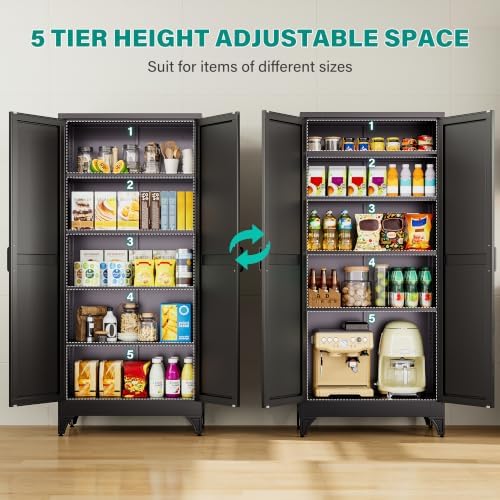 SISESOL 71" Tall Pantry Cabinet,Farmhouse Kitchen Pantry Storage Cabinets with 2 Doors and 5 Shelves,Black Metal Storage Cabinet,Large Cupboard for Home,Kitchen,Dining/Living Room - Image 4