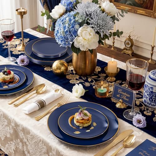 KIRE 175Pcs Blue Plastic Plates - Navy Blue Plates Disposable - 25 for Dinner 25 for Dessert 25 Pre Rolled Napkins with Gold Plastic Silverware and 25 Cups for Wedding/Party/Hanukkah/Christmas - Image 3