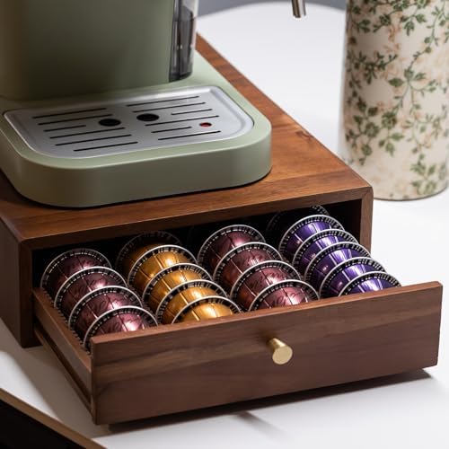 Acacia Wood Coffee Pod Drawer Compatible with Nespresso Vertuo, Pods Holder, Pod Organizer Tray, Storage, Stand, Container, Capsule Holder for Coffee Bar Countertop, 40 Big or 60 Small Pods Capacity by Unknown