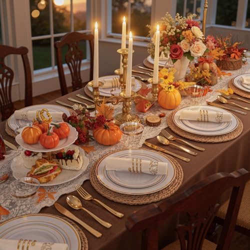 WDF Partyware 175PCS White and Gold Plastic Plates - Gold Plates with Rolled Napkins for Party - 25Guest Disposable Dinnerware Sets for Thanksgiving/Wedding/Birthday - Image 6