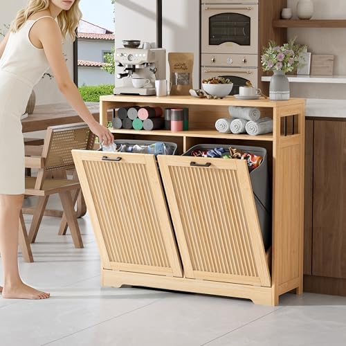 13 Gallon Double Tilt Out Trash Can Cabinet with Open Shelf & Storage - Pet Proof Hidden Recycling Cabinet & Wooden Laundry Hamper for Kitchen, Bathroom, Living Room, Natural Wood - Image 2