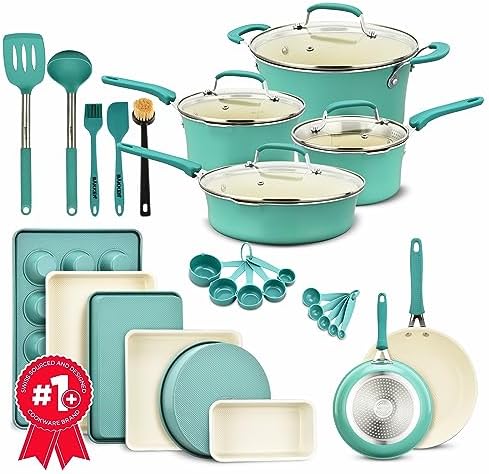 Pots and Pans Set, 23-Piece Non Stick Cookware & Bakeware Sets with Plaid Pattern, Stackable Design, Dishwasher Safe, Stain-resistant, Oven & All-Stove Safe, Tempered Glass Lid, Aqua by BAKK%C3%8BNMASTER
