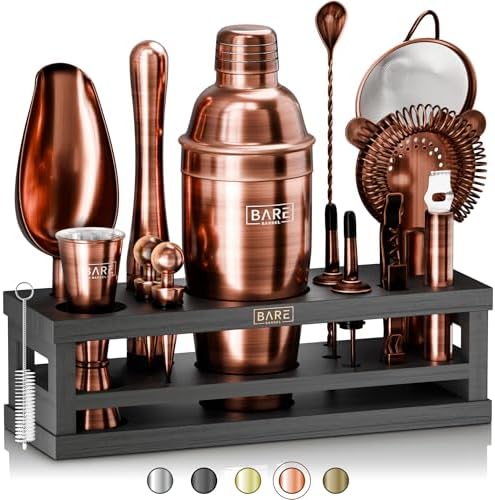 BARE BARREL® Mixology Bartender Kit Bar Set | 16-Piece Cocktail Shaker Set | Martini Barware Mixing Tools for Home Bartending | Incl. 35 Recipe Cards | Gift Set (24oz Cobbler Shaker, Copper/Black) by BareBarrel