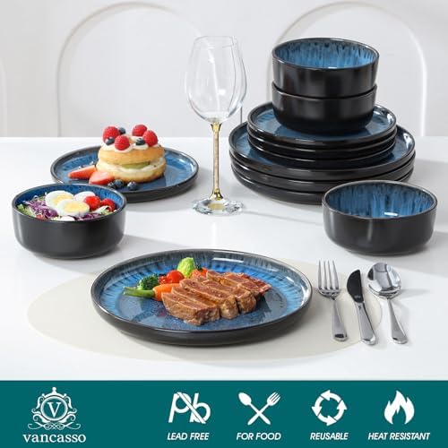 vancasso PLAYA Plates and Bowls Sets, 12 Pieces Blue Dinnerware Sets for Kitchen, Reactive Glaze Dishes Set for 4, Dishwasher and Microwave Safe - Image 3