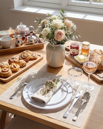 bUCLA 600pcs Silver Plastic Dinnerware Set for 100 Guests - Silver Christmas Dinnerware Set Disposable for Party - Include 100 Dinner Plates,100 Dessert Plates,100Cups,100 Knives,100 Forks,100 Spoons - Image 3