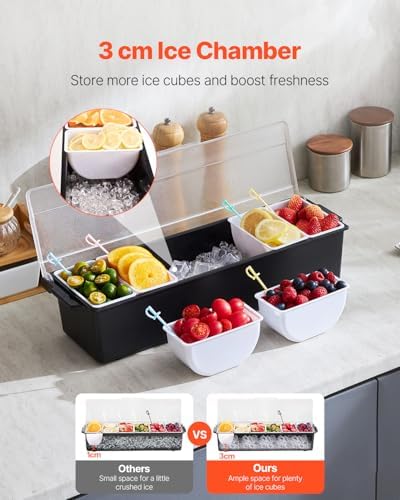 VEVOR Chilled Condiment Server, 6 Compartment Ice Cooled Condiment Serving Container, Chilled Garnish Tray Bar Caddy with Lid, for Bartending & Serving Taco, Salad, Fruit, Home & Restaurant Supplies - Image 2