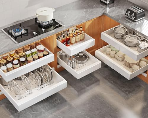 Seinloes 6 Pack Expandable Pull Out Cabinet Organizer 21"Deep With Raising Pad for Framed Cabinets,Slide Out Drawers With 4pcs Divider Racks,No Drill Roll Out Shelf,Adjustable Width 12.05"-20.4"White by Seinloes