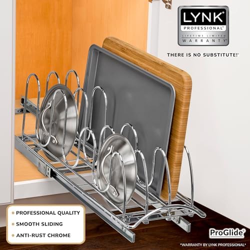 LYNK PROFESSIONAL® Pull Out Pot and Pan Lid Organizer Under Cabinet - Lifetime Ltd. Warranty – Cookie Sheet Organizer for Cabinet – Narrow Slide Out Baking Sheet Organizer Drawer – 7.25W x 21D, Chrome - Image 2