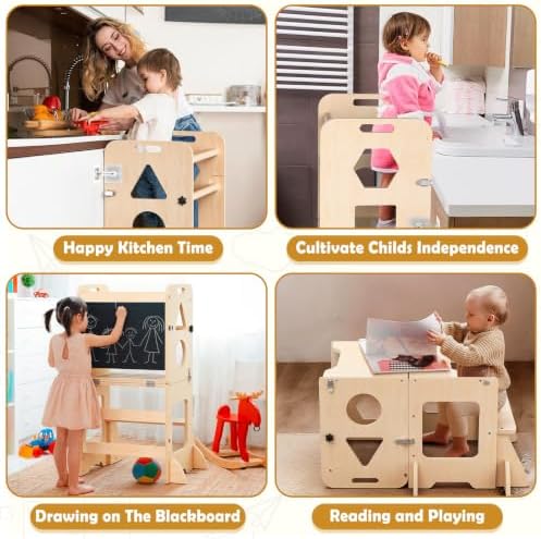 Toddler Standing Tower Anti-Tip Wooden Kitchen Step Stool，Nature - Image 4
