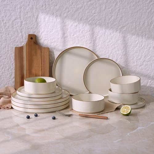 Famiware Nebula 12-Piece Dinnerware Set, Vanilla White with Brown Rim - Image 7