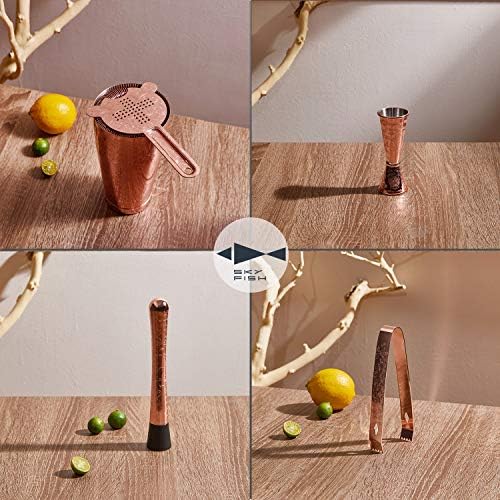 Sky Fish Bartender Kit Cocktail Shaker Set-6 Pieces Stainless Steel Copper Plated Etching Bar Tools with Boston Shaker Tins,Mixing Spoon,Mojito Muddler,Jigger,Hawthorne Strainer,Ice Tongs - Image 3