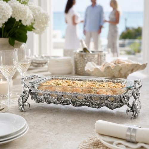 Arthur Court Crab and Net Casserole Dish Holder Ocean Pattern Aluminum 3 Quart with Glass Dish - Image 4