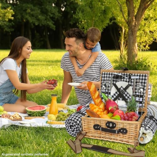 Picnic Basket for 2, Blanket & Insulated Wine Pouch, 16.6" Black - Image 2