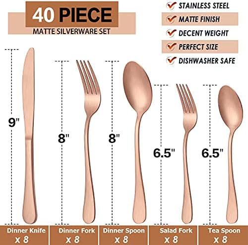 LIANYU 40 Piece Matte Copper Silverware Set, Rose Gold Flatware Set for 8 - Image 2