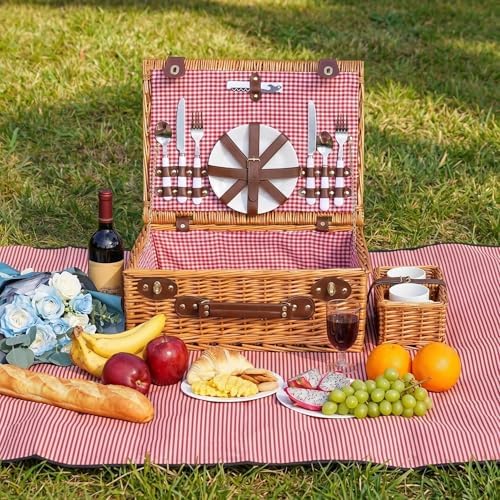 Multifunctional Wicker Picnic Basket Set for 2 Adults with Blankets & Cup - Image 6