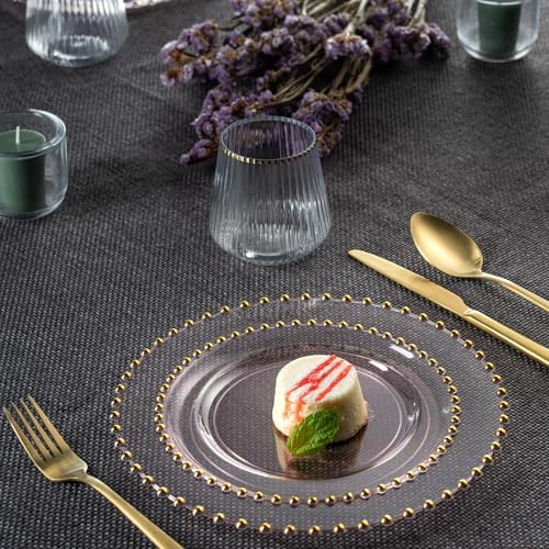 PLASTICPRO 128 Piece Combo Plastic Dinner Plates Disposable Plastic Fancy Heavy Duty Party Dishes 7 inch and 10 inch, Translucent Pink and Gold Beaded - Image 3