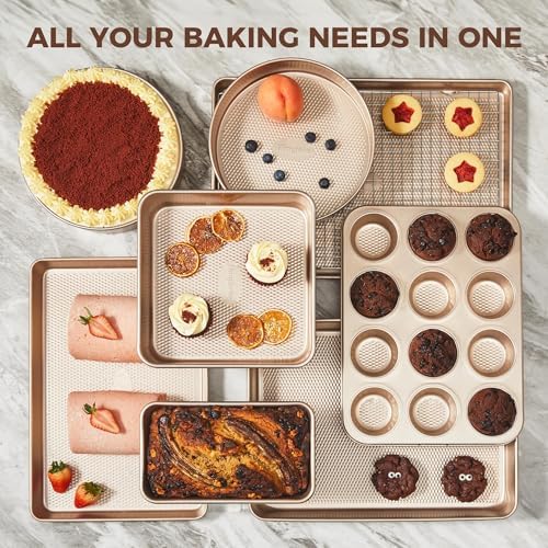 HONGBAKE 22-Piece Baking Pans Set Nonstick, Stackable Non Toxic Bakeware Sets with Diamond Texture, Oven Pan Set for Cooking, Includes Cookie Sheet with Rack, Cake Pan, Roasting Pan, Muffin Tin, Gold - Image 4