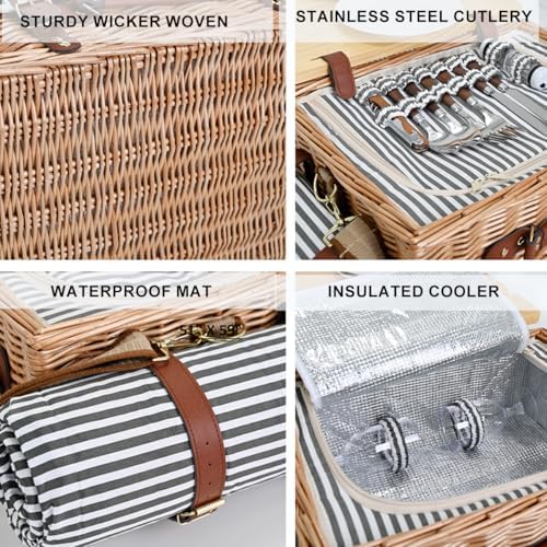 Multifunctional Wicker Picnic Basket Set for 4 with Blanket and Picnic Table, Insulated Picnic Set with Full Tablewares for Camping Outdoor Couples, Stripes - Image 5