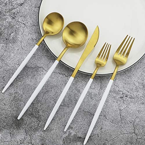 White Handle Matte Gold Silverware Set,Gugrida 5-Piece 18/10 Stainless Steel Satin Finish Flatware Set,Kitchen Utensil Set,Tableware Travel Cutlery Set for Camping Office Lunch, Dishwasher Safe - Image 2
