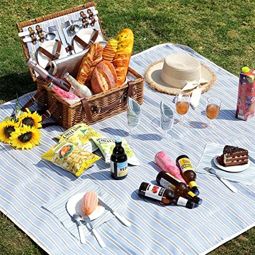 Wicker Picnic Basket for 4 with Waterproof Blanket Blue Stripes - Image 2