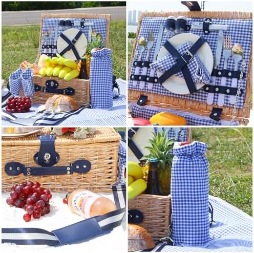 Wicker Picnic Basket for 2, Blanket & Wine Pouch, 16.6" Blue - Image 4