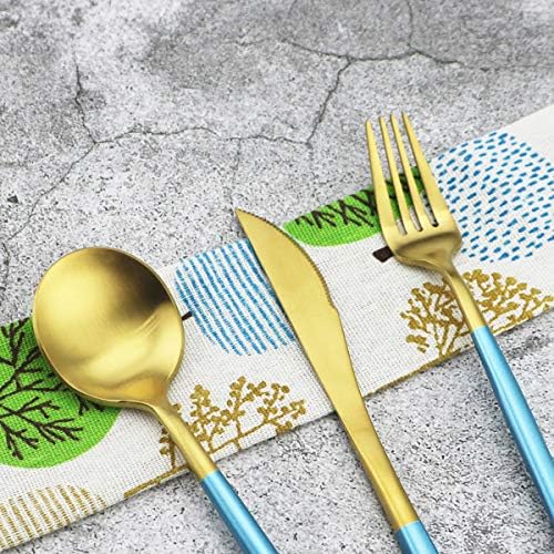 20-Piece 18/10 Stainless Steel Flatware Silverware, Luxury Dinnerware Set Travel Cutlery Tableware Include Knife Fork Spoon Service for 4, Dishwasher Safe (Blue Handle Matte Gold) - Image 7