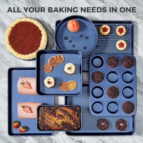HONGBAKE 22-Piece Baking Pans Set Nonstick, Stackable Non Toxic Bakeware Sets with Diamond Texture, Oven Pan Set for Cooking, Includes Cookie Sheet with Rack, Cake Pan, Roasting Pan, Muffin Tin, Blue - Image 4