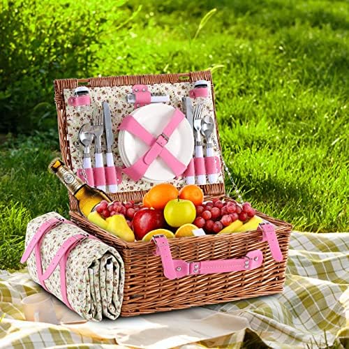 Picnic Basket for 4 with Waterproof Blanket, Pink Flower - Image 3